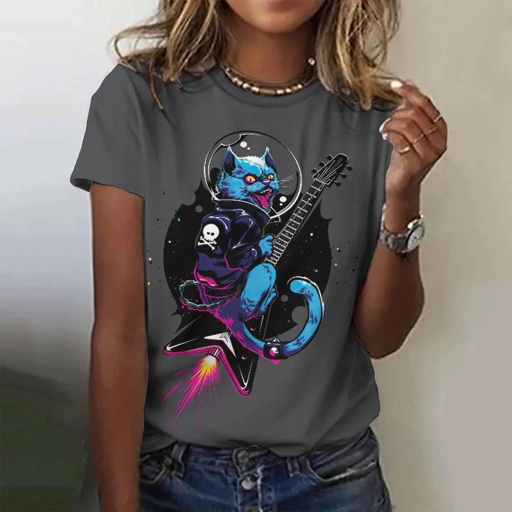 Dámská trička 3D kreslený potisk rockové kočky Hip-hop oversized trička Y2k Dámské oblečení Letní móda Top s rukávy