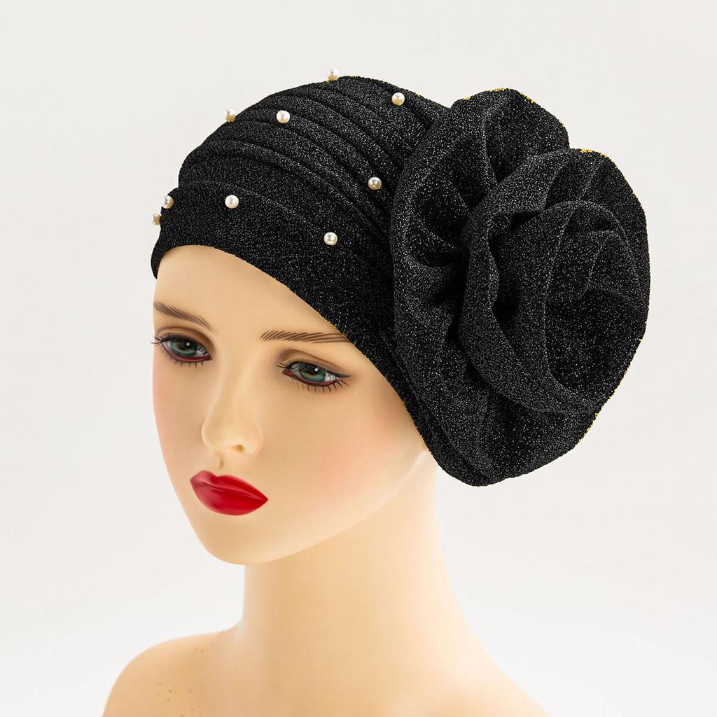 

Multistyle Summer Head Cover With Flower Design And Pearl Accents For Casual Wear Black