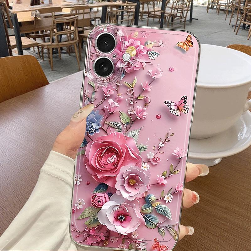 Pink Floral Butterfly Phone Case Suitable for iPhone 17 16 15 14 13 12 11 Pro/Max/Plus Anti Drop and Shockproof Back Cover