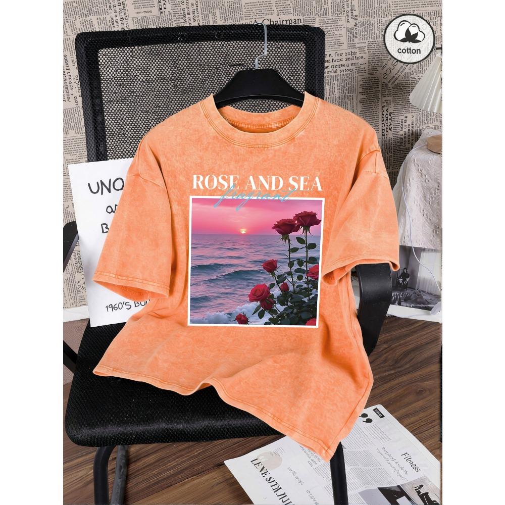 Beautiful Rose And Sea Print Washed T-Shirt Women Summer Crewneck T Shirt Y2K Loose Short Sleeve Cotton Streetwear