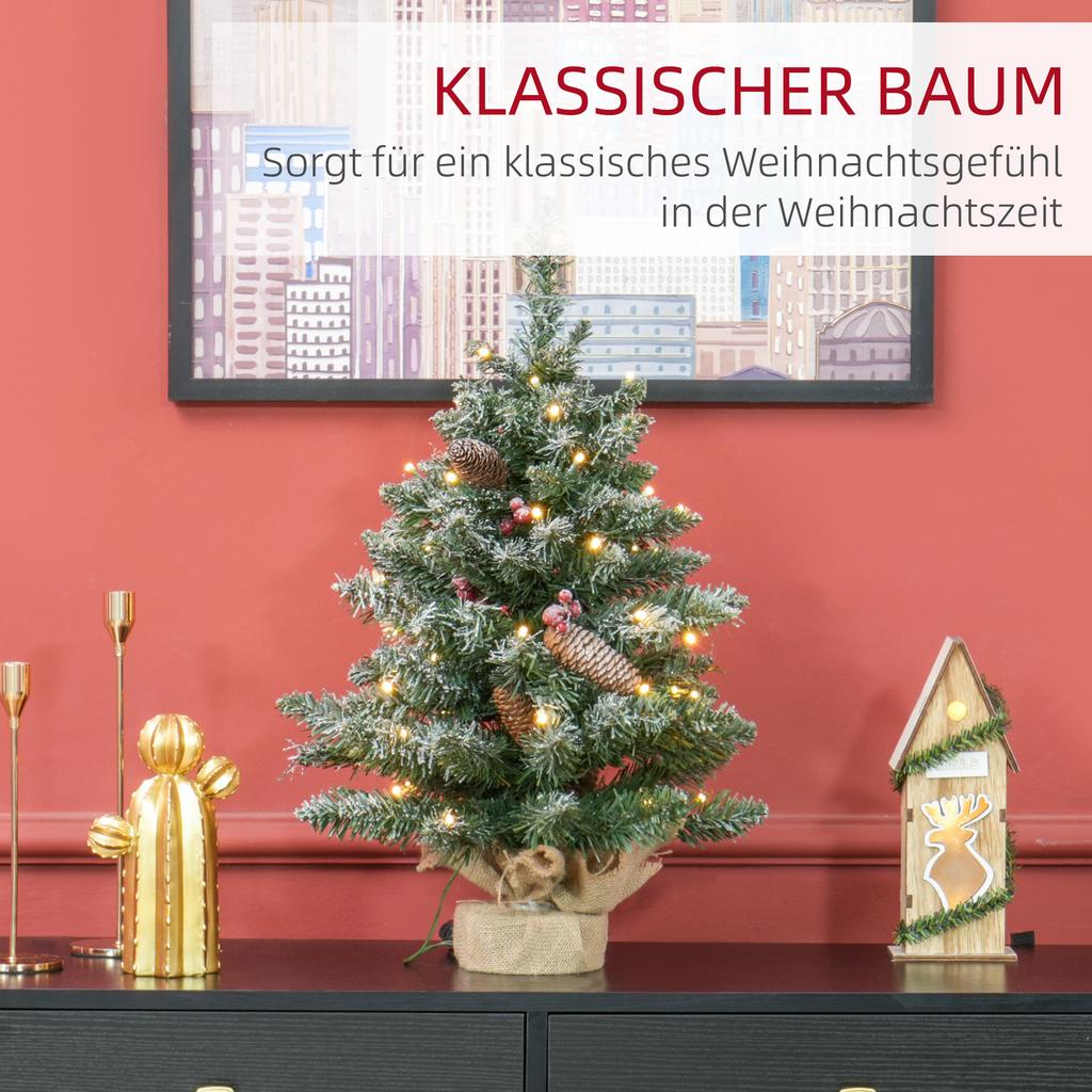 Christmas Tree with LED Lighting, 60 Cm, Pine Cones and Red Berries, Incl. Stand, Green/White