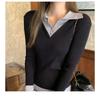 Spring Autumn Polo-neck Fake Two Pieces Knitting Top Women Casual Fashion All-match Pullover Bottomed Sweater