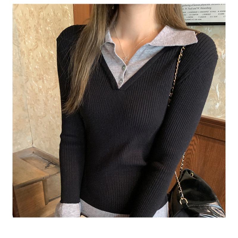 Spring Autumn Polo-neck Fake Two Pieces Knitting Top Women Casual Fashion All-match Pullover Bottomed Sweater