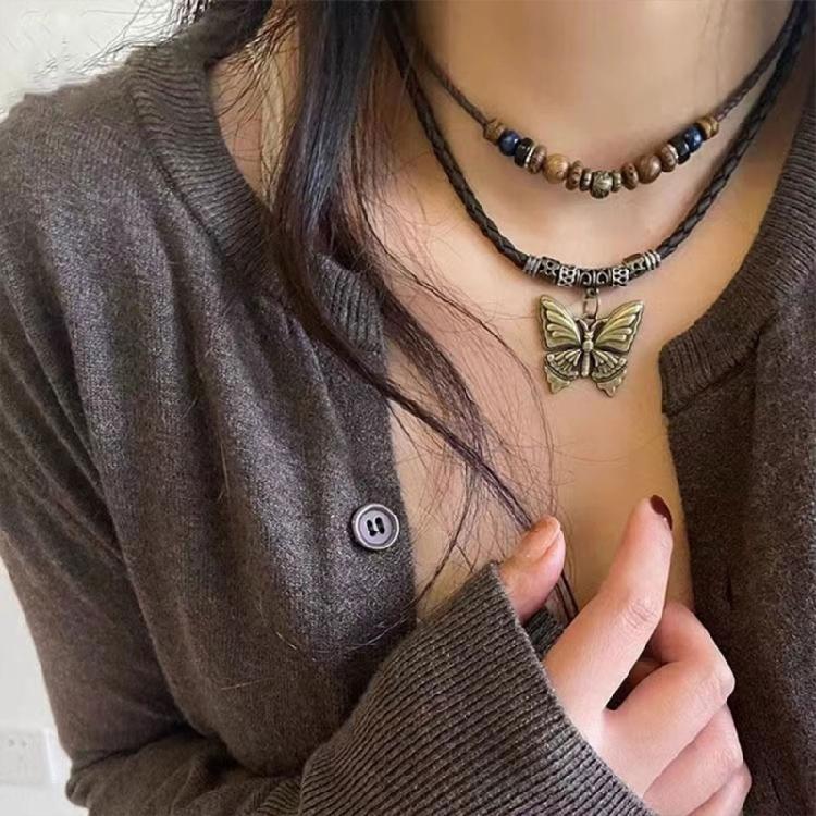 Bohemian Butterfly Pendant Choker Multilayer Pull String Handwoven Necklace Adjustable Length Clavicle Chain Jewelry