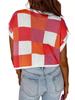 Women's Color Block Cropped Knit Top Cap Sleeve Crew Neck Summer Short Sweater