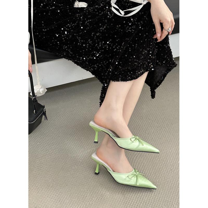 Pointed head bag head empty slippers women's outer wear bow half-drag stiletto high heels sandals