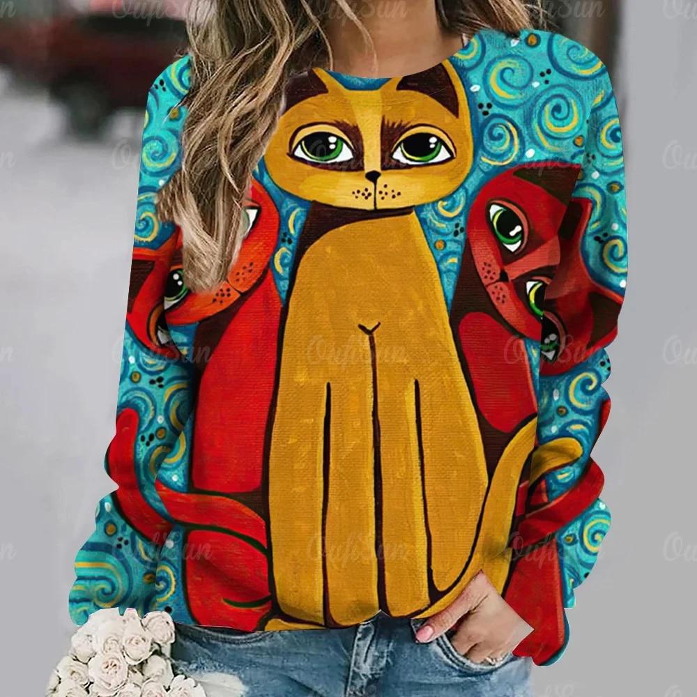 Dámské tričko Anime Kočičí potisk Topy s dlouhým rukávem Vintage svetr Bavlna s výstřihem do tvaru Y2k Dámské oblečení Oversized Street Pullover