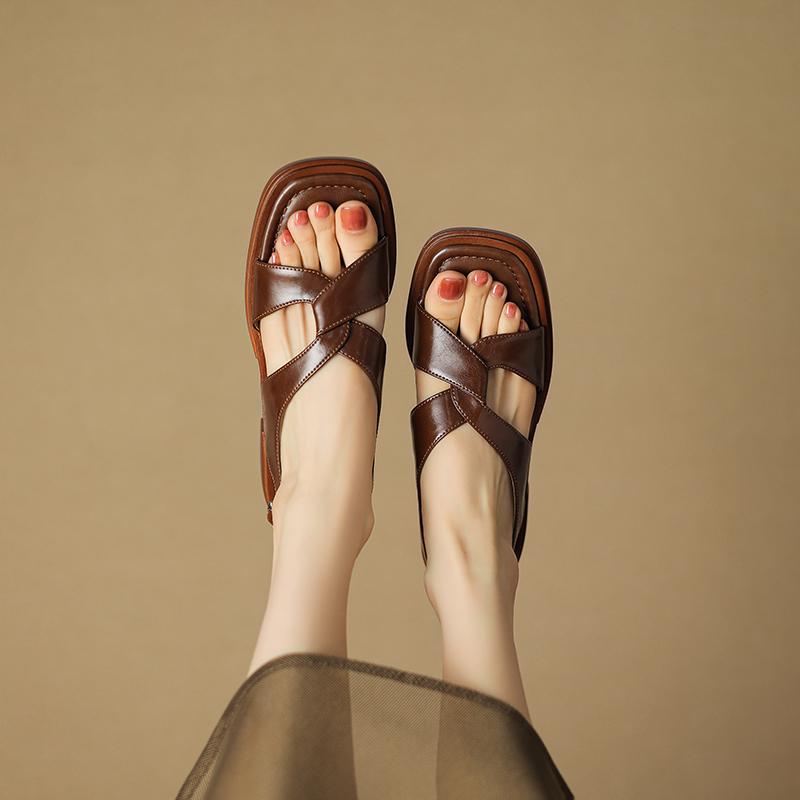 Fashion 2024 New Summer Sandals Women Open Toe Low Heel Fashion Women Shoes Genuine Leather Simplicity Sandals for Women Flat Sandals