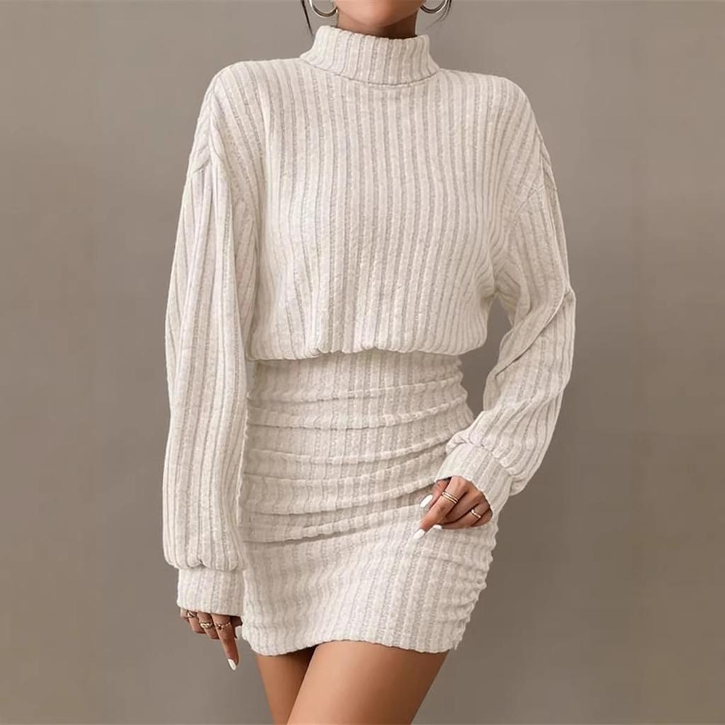 Women's Turtleneck Long Sleeve Ribbed Knit Bodycon Mini Dress Casual Sweater Dress