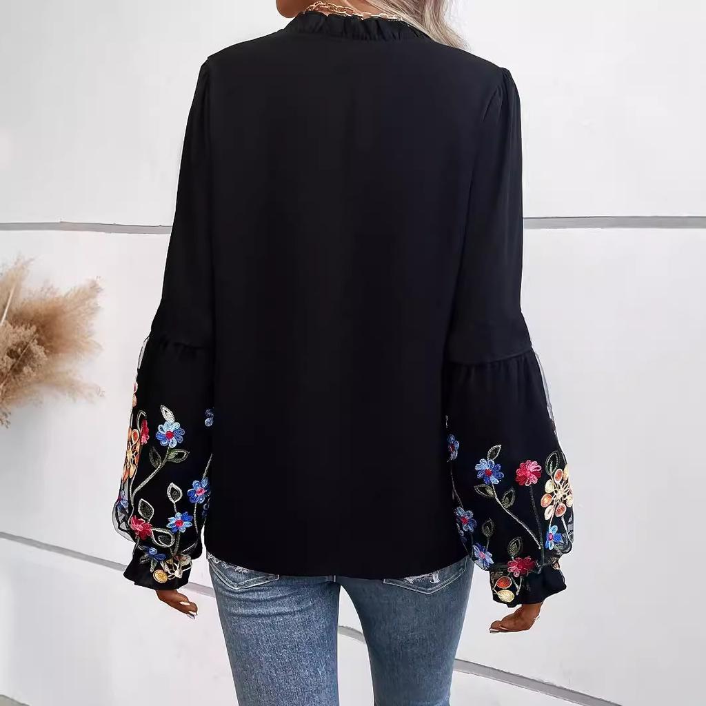 Ladies Autumn Winter Ruffles Mesh Embroidery Long Sleeve Pullover  Shirt Top