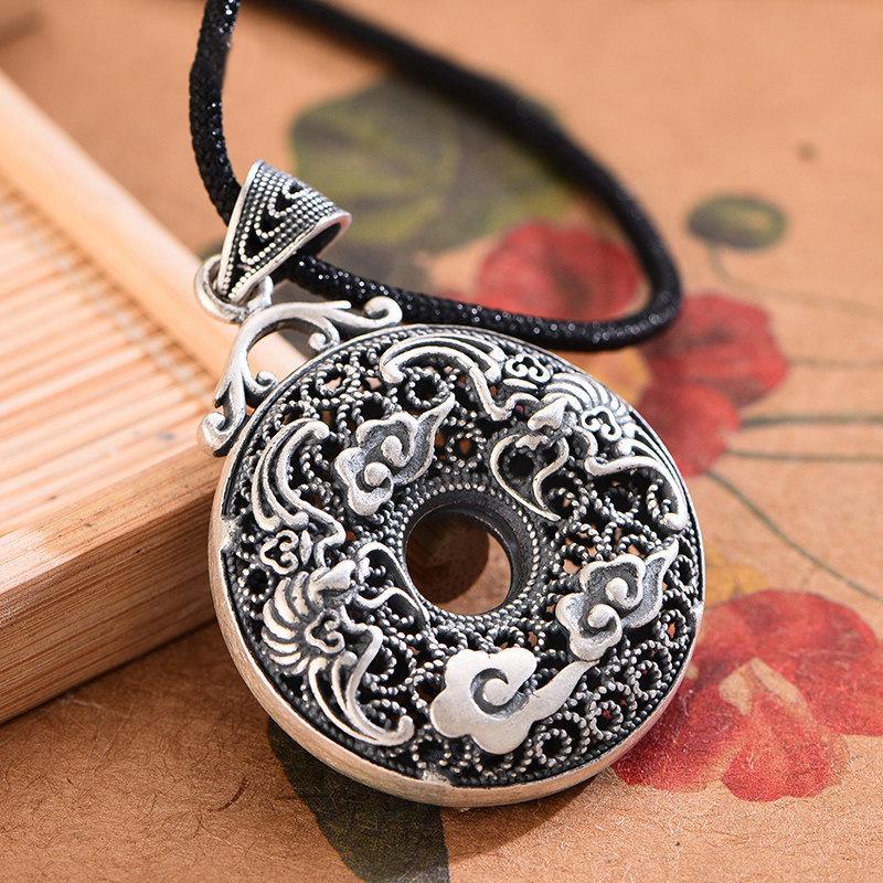 Sterling Silver S999 Unisex Auspicious Cloud & Bat Necklace - Retro Good Luck Peace Buckle Pendant.