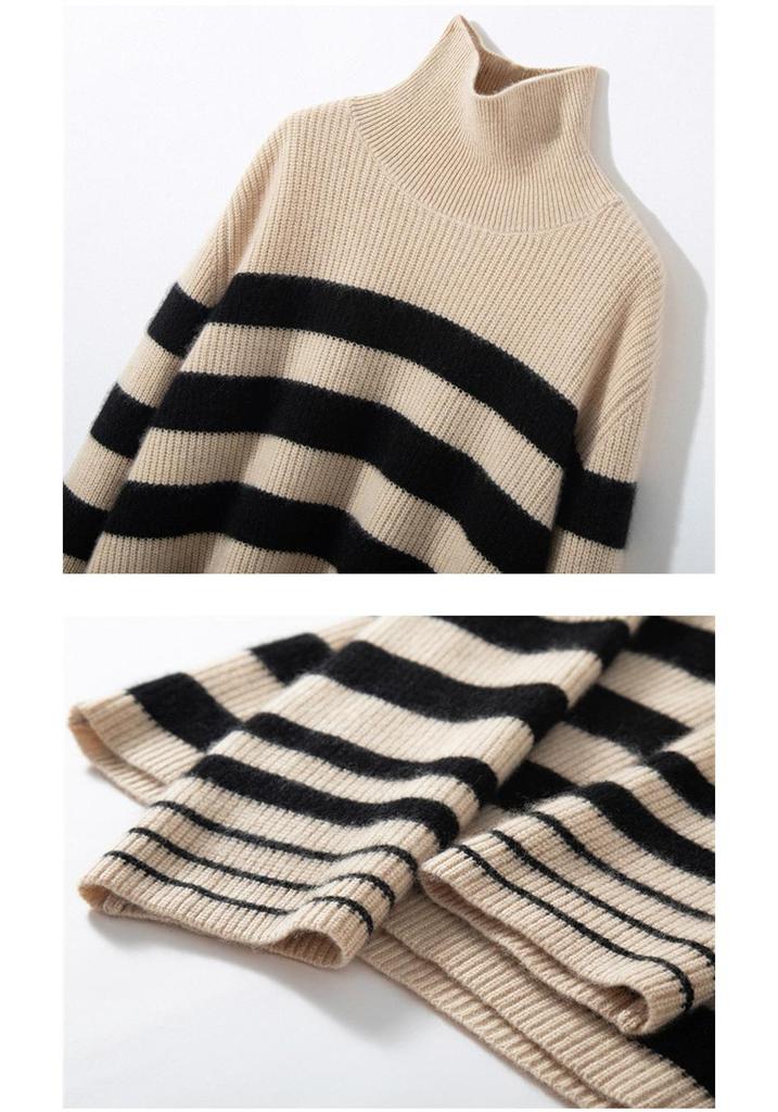 Women's Cashmere High-Neck Striped Sweater, Loose Fit, Autumn/Winter Casual Knitwear