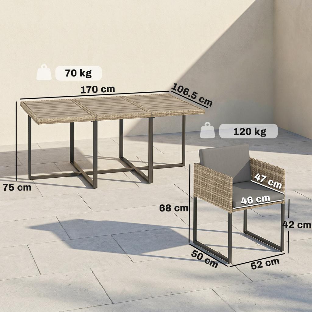 7 Piece Rattan Garden Furniture Set, Garden Dining Set with Wood-Plastic Table and 6 Stackable Chairs, Light Brown