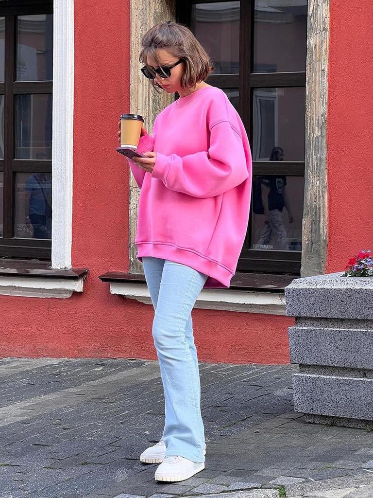 Women's European & American Oversized Fleece Crew Neck Sweatshirt - Solid Color for Autumn/Winter 2025
