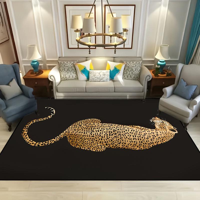 1pc Leopard Print Area Mat-Machine Washable, Decorative Carpet with Black Background and Gold Leopard Design