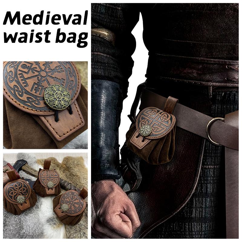 Medieval Punk Retro Waist Bag Pu Leather Outdoor Belt Bag Wallet Travel Party Role Play Cosplay Drawstring Hip Coin Purse