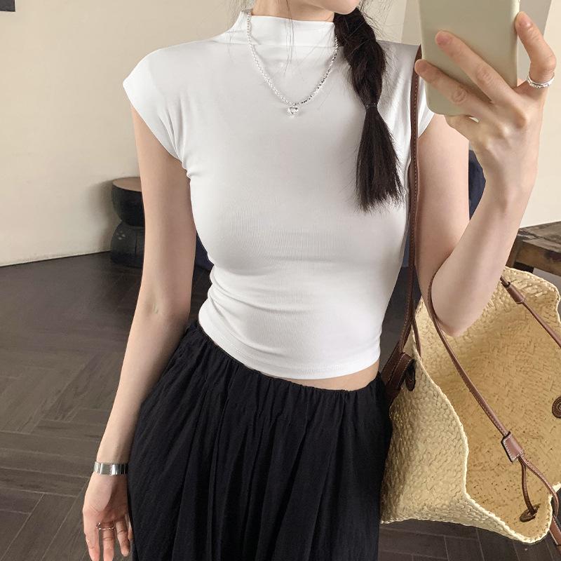 Women's Slim-Fit Open-Back T-Shirt: Summer Sleeveless, Half-High Collar, Hot Girl Style