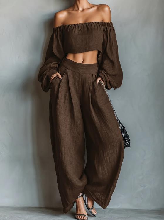 Women's Two Piece Set Off Shoulder Crop Top Wide Leg Pants Long Sleeve Party Outfit