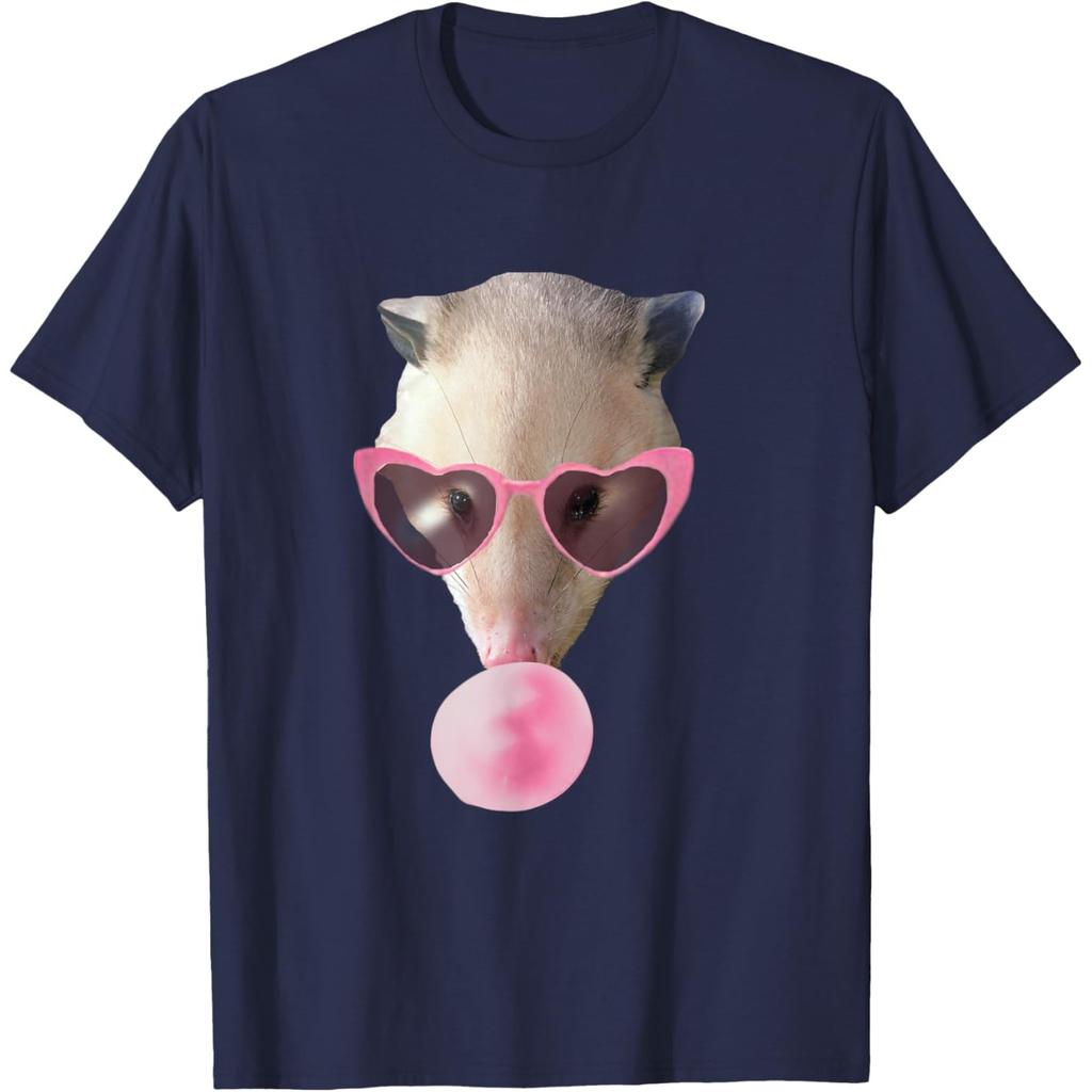 Funny Opossum Graphic Tee Pink Heart Sunglasses Chewing Bubble Gum Print Casual T-Shirt