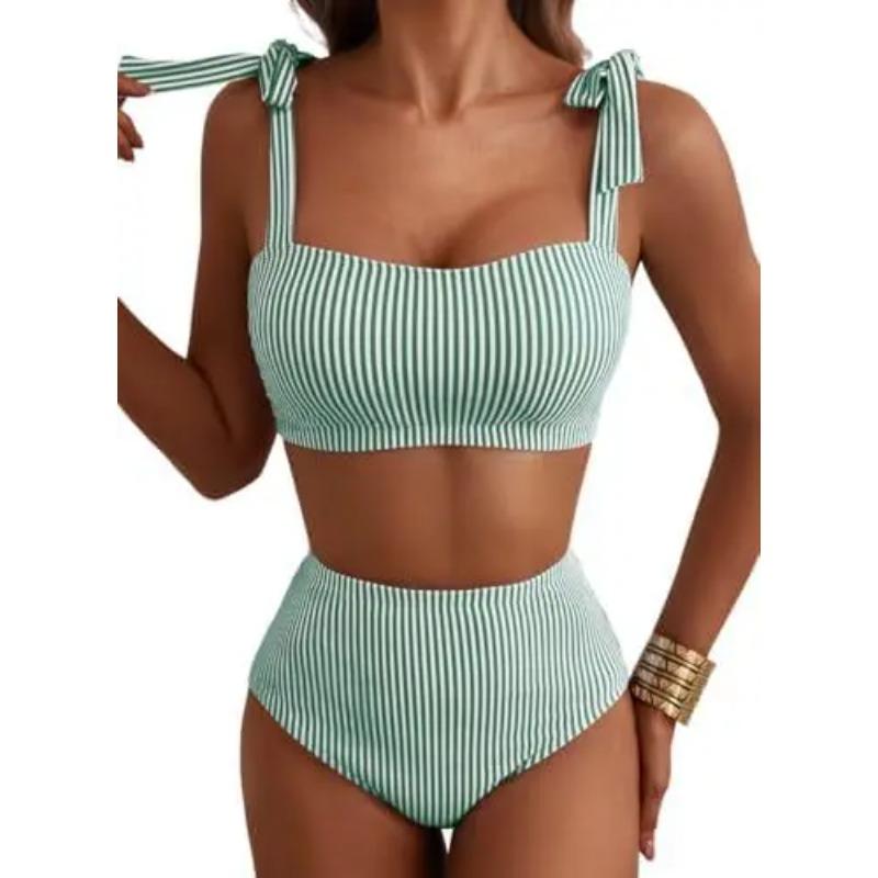 Women Two-piece Halter Vest Swimwear Sexy Striped Ruffle High Waisted Bikinis Set Female Bathing Suit Tie Strap Beachwear
