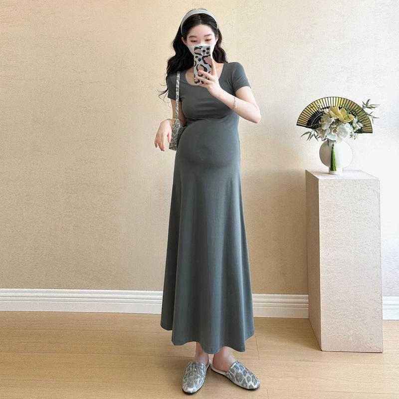 2026 Summer Classic Square Neck Slim Fit Maternity Dress with Short Sleeves, Plus Size M