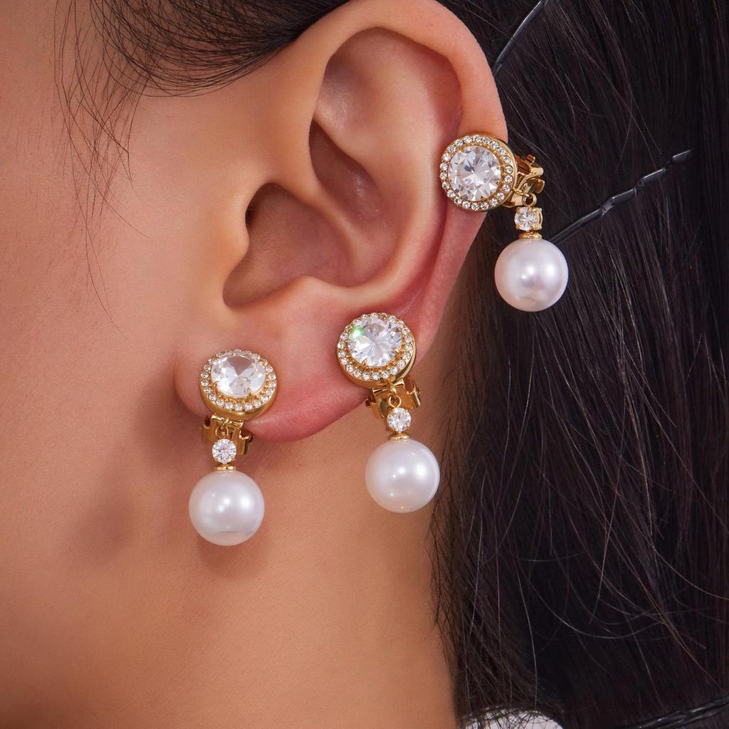 Blazing Zircon & Imitation Pearl Pendant Stainless Steel Earrings