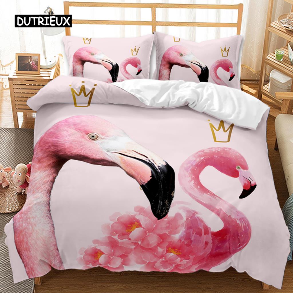 Flamingo Duvet Cover Couple Flamingo Palm Leaf Twin Bedding Set Tropical Botanical Leaves Summer King Size Polyester Quilt Cover