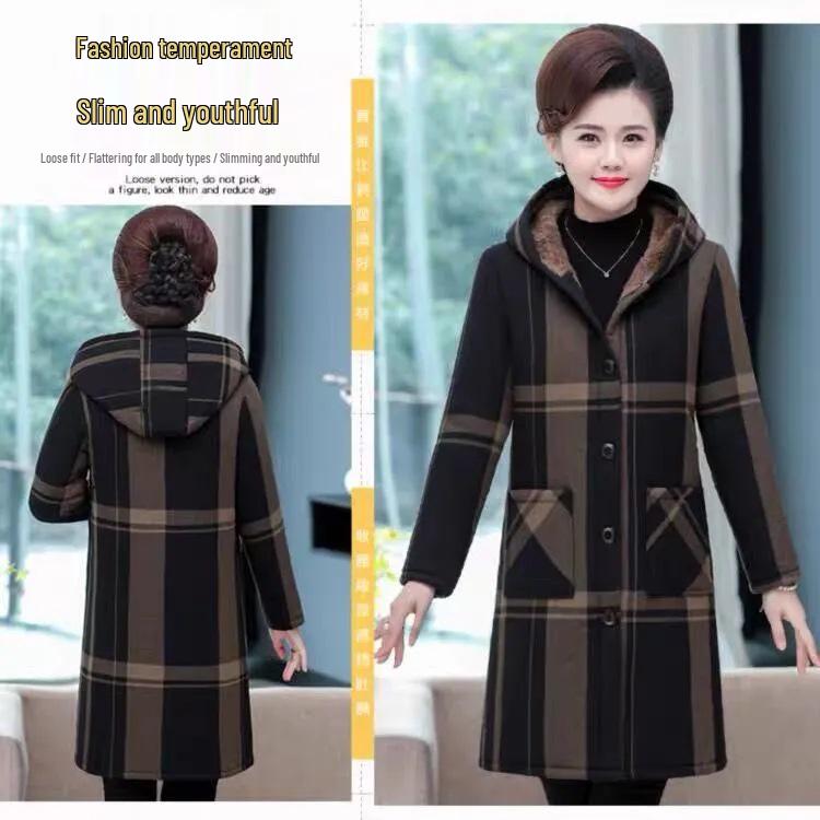 Winter Velvet Mid-Length Hooded Cotton Jacket for Elderly Women - Warm Thick Straight Cut Coat