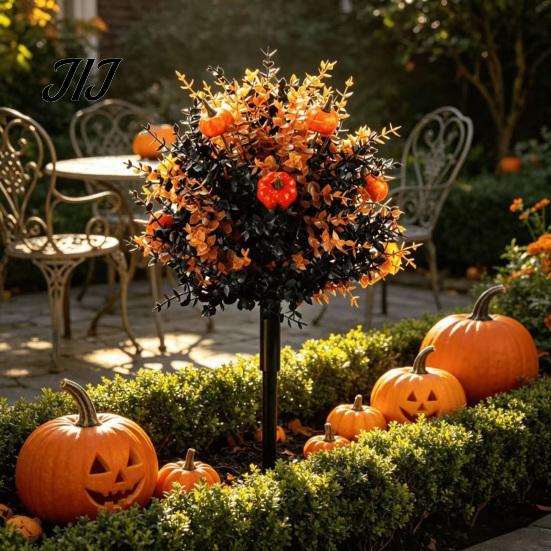 Harvest Themed Lawn Ornament Fall Pumpkin Topiary Trees with Stakes, Artificial Autumn Eucalyptus Leaf Gourd Weather Resistant Garden Walk Stakes