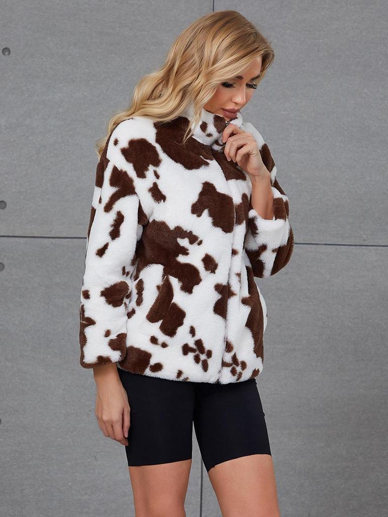 Damen Harajuku Kuhdruck Kunstfelljacke