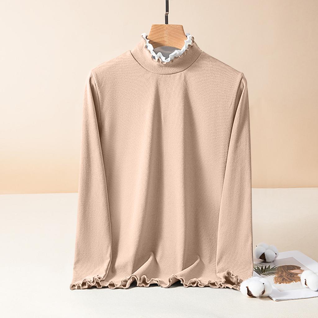 Ladies' Slim Fit Pullover Shirt With Lace Collar, Black Fungus Edge, German Velvet Long Sleeved Base, Top