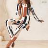 Women Plus Size Abstract Printed Two Piece Pants Set Round Neck Long Sleeve Longline Top Fitted Pants