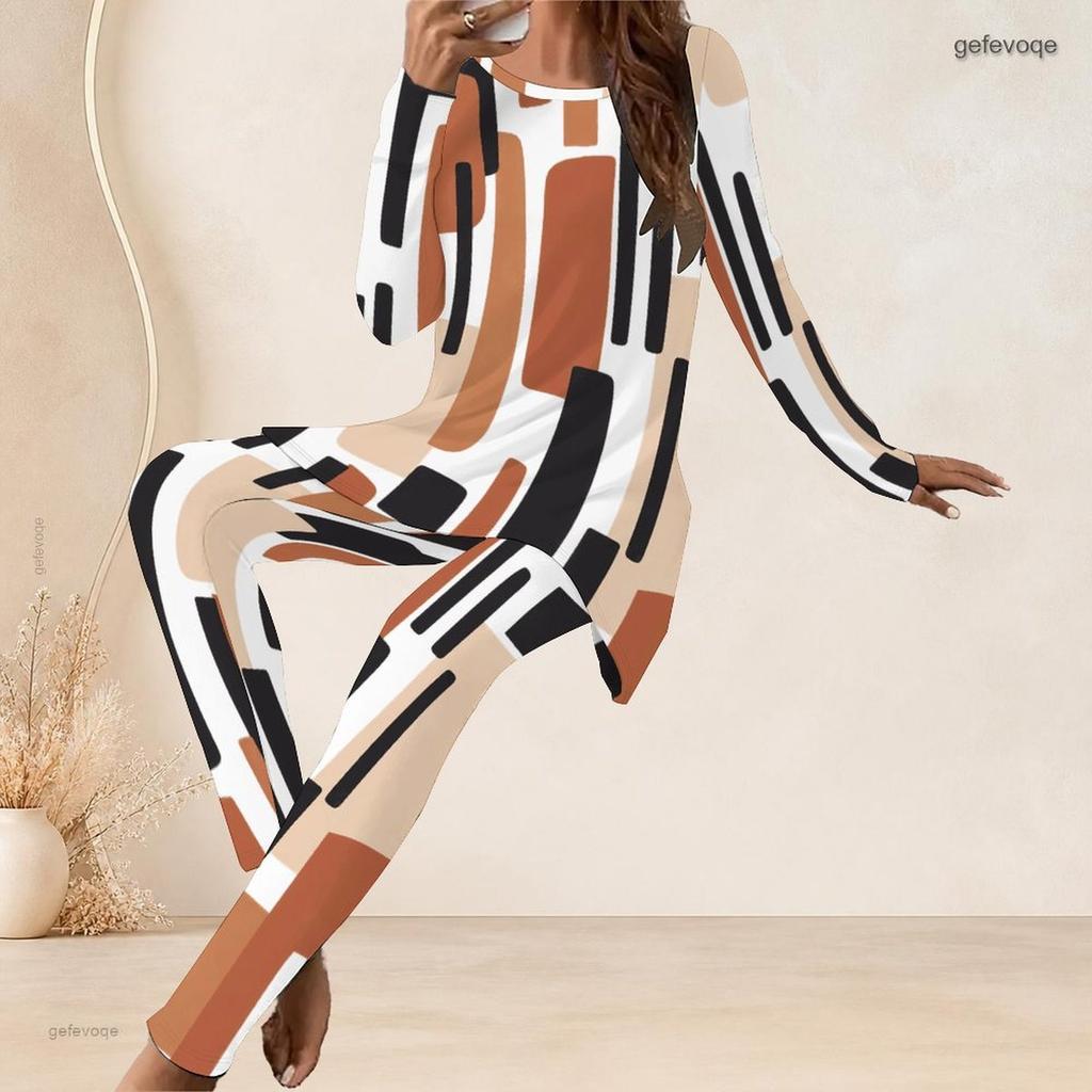 Women Plus Size Abstract Printed Two Piece Pants Set Round Neck Long Sleeve Longline Top Fitted Pants
