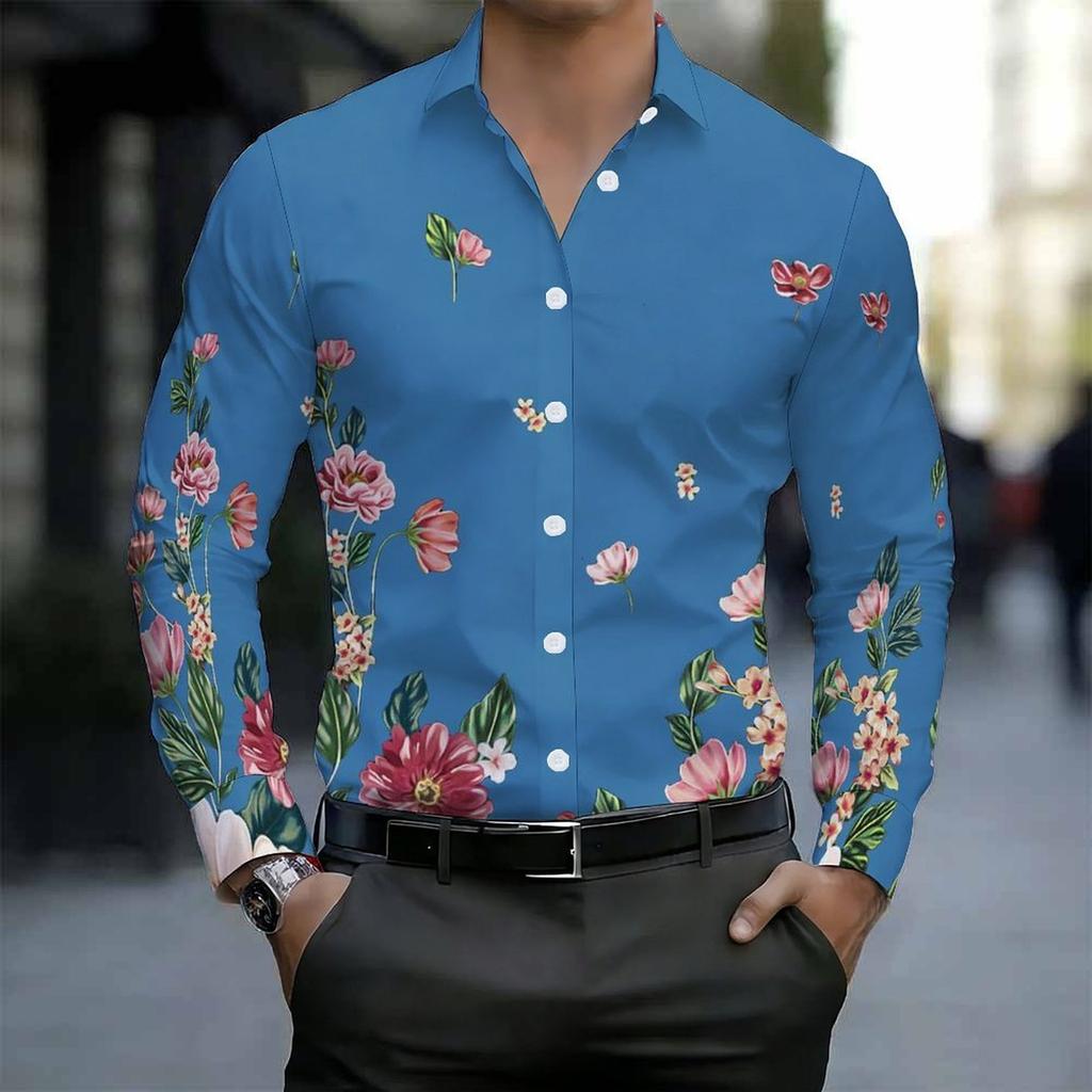 Men Collared Shirt Gray Pink Floral Branch Print Long Sleeve Button Down Top