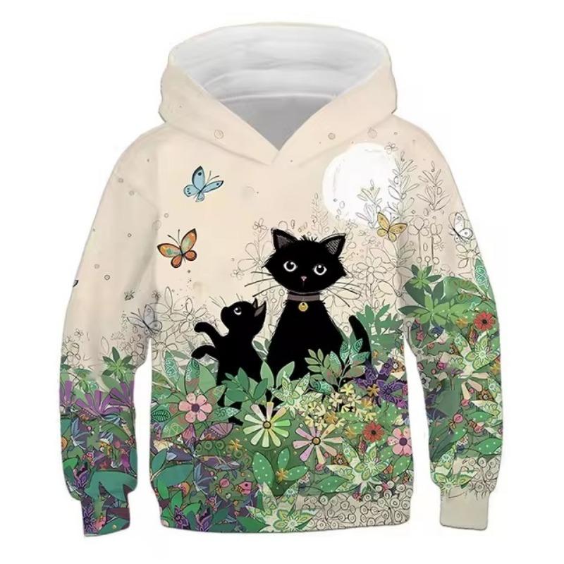 Hoodies Cute Kitten Flowers Print Girls Sweatshirt Stretch Comfortable Fit Long Sleeve Autumn Winter Pullover Tops Youth Kids