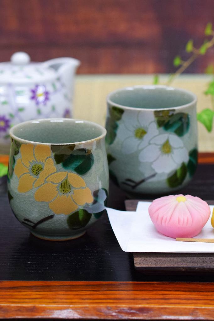 Waza No Kura Stylish Pair of Kutani Ware Teacups with Gold and Silver Camellia Made In A Perfect Gift for Wedding and 88th Designs. Japan.
