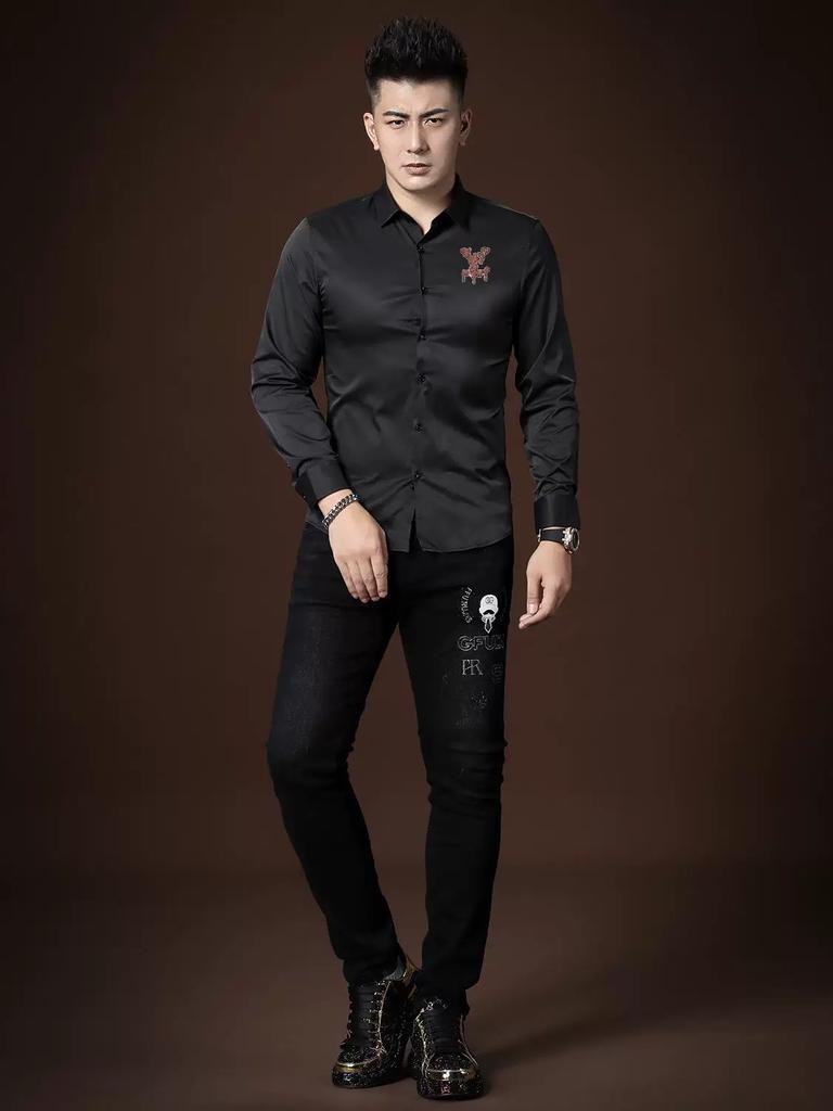 European Goods Trendy Brand Letters Print Long Sleeve Shirts Men's Business Casual Shirt 2025 Autumn New Bottoming Shirt Men