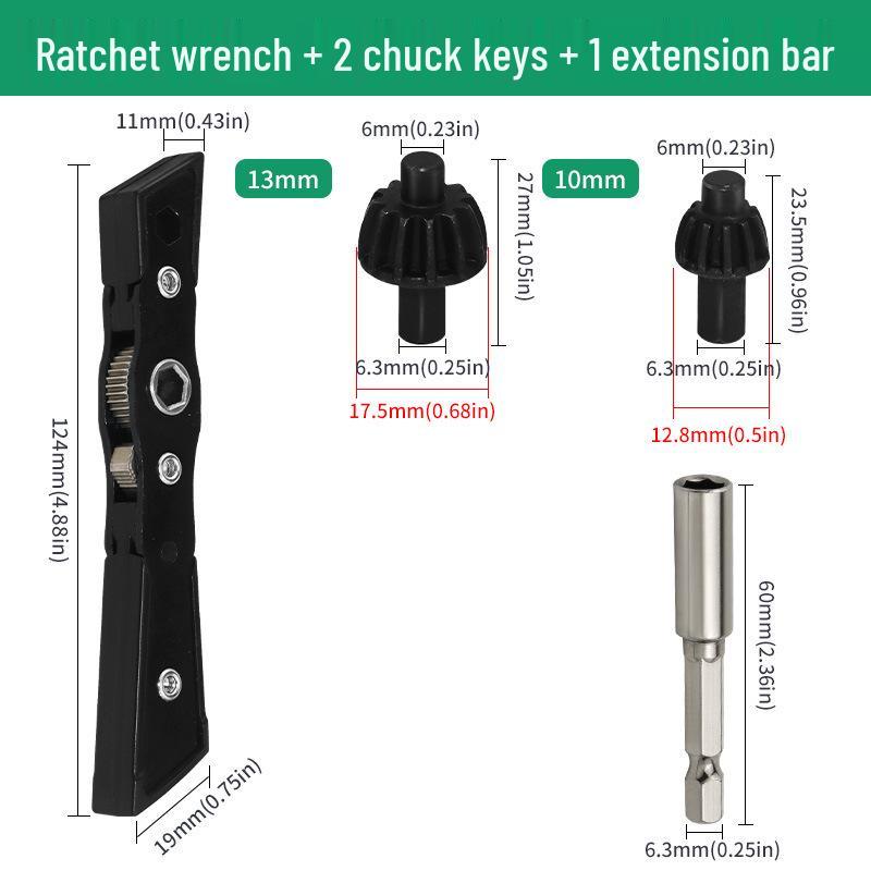 Two-Way Ratchet Wrench Set with Removable Chuck Key for Drill Chuck Tightening/Loosening
