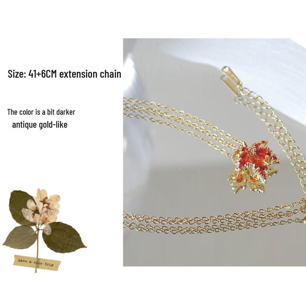 Elegant Red Maple Leaf Necklace for Women, Zircon Collarbone Chain, Light Luxury Fashion Sweater Accessory