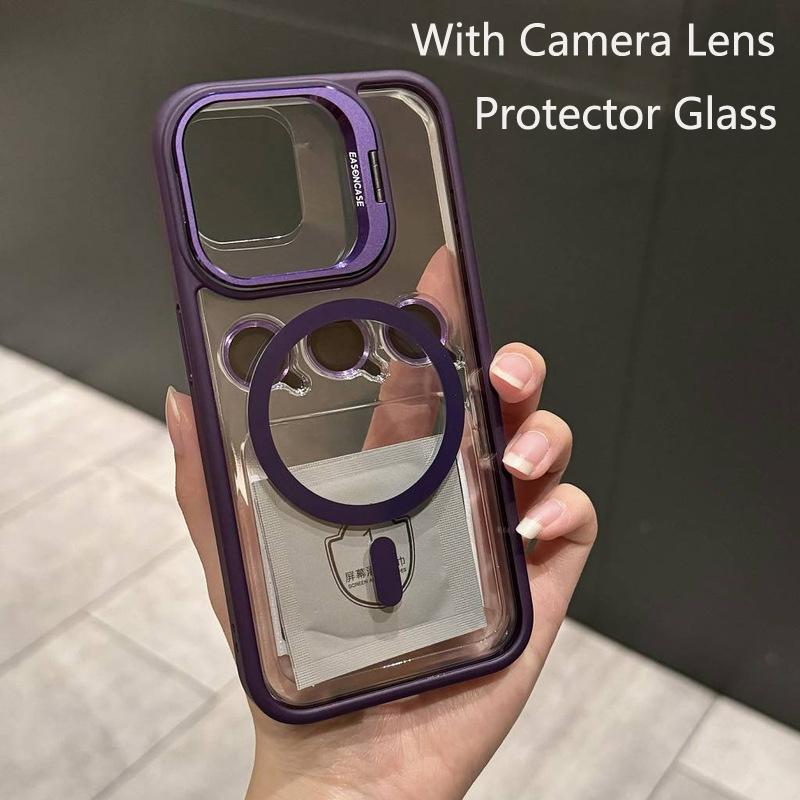 

Для Magsafe Магнитный защитный чехол-подставка для объектива iPhone 15 12 13 14 11 Pro Max Стеклянная прозрачная металлическая крышка-кольцо For iphone13 Pro Max темно-фиолетового