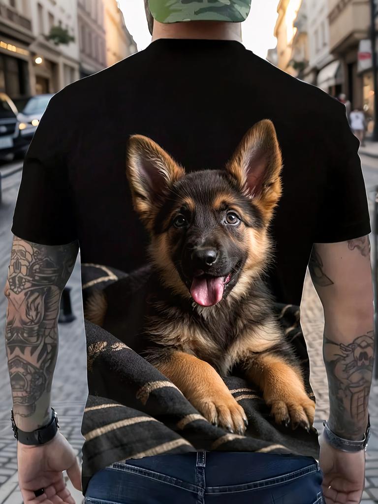 Men's German Shepherd Puppy Print T-Shirt - Oversized Short Sleeve Crew Neck Top with Full-Body German Shepherds Design, Loose Fit for Casual Wear