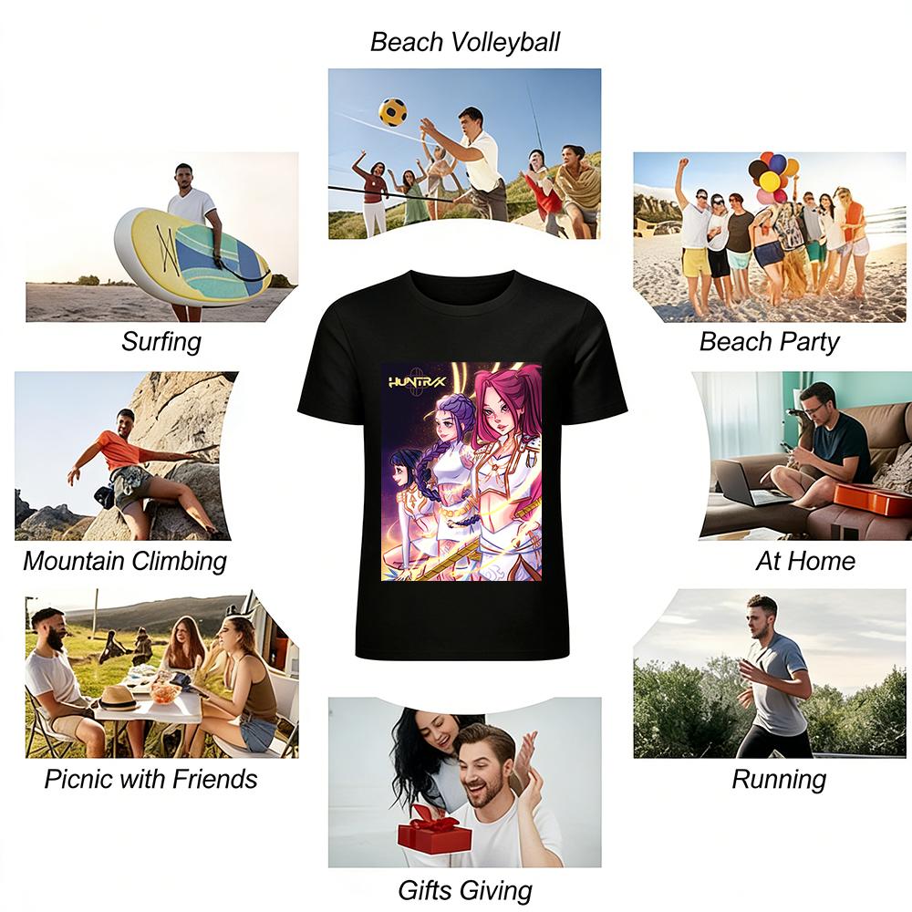 HUNTRAX Anime Girl Group Print Crop Top Trendy Game Peripheral Tee For Anime Fans Pure cotton T-shirt