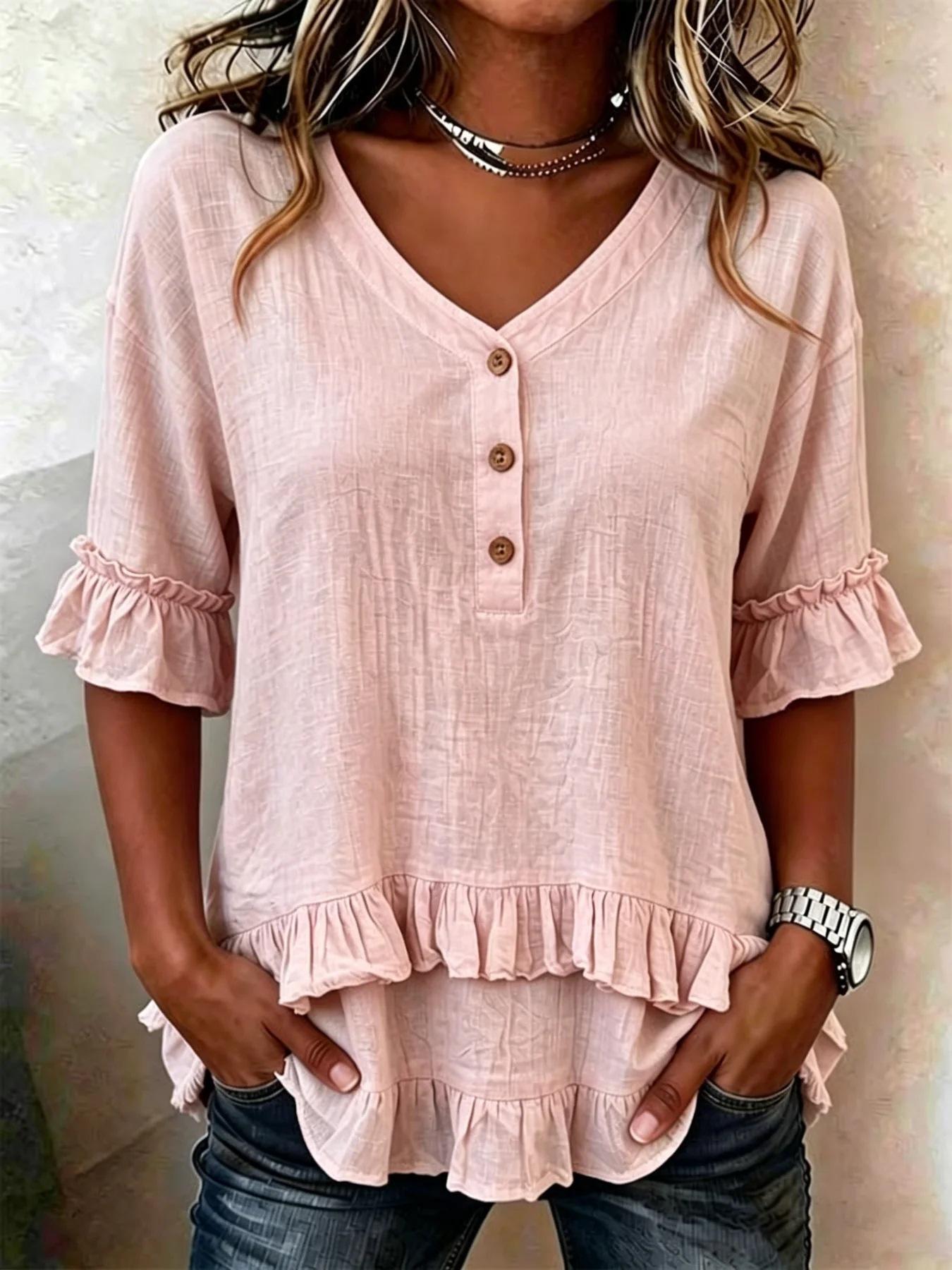 Women Casual Commuting Ruffle V Neck Irregular Hem Midi Sleeve T Shirt S розовый