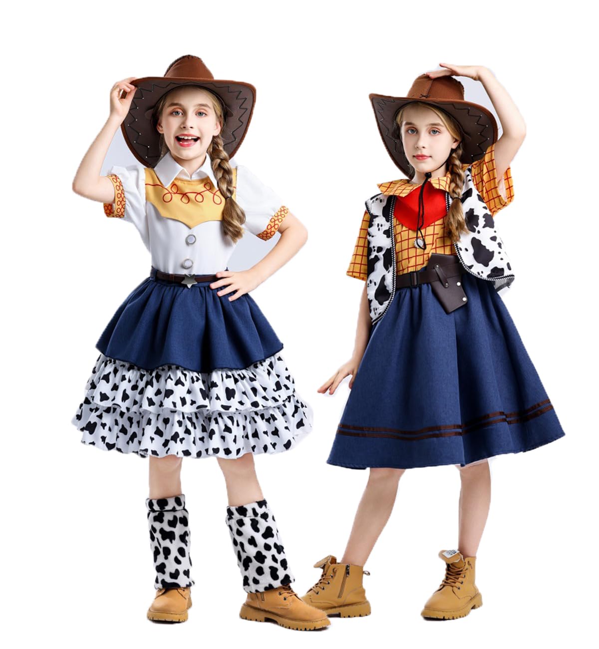 [Martosa] Cowboy Cosplay Kids Halloween Costume, Children s Cowgirl Jessie-style Cute Girl s Hat Set, Dress, Belt, Event, Recital, School Festival,