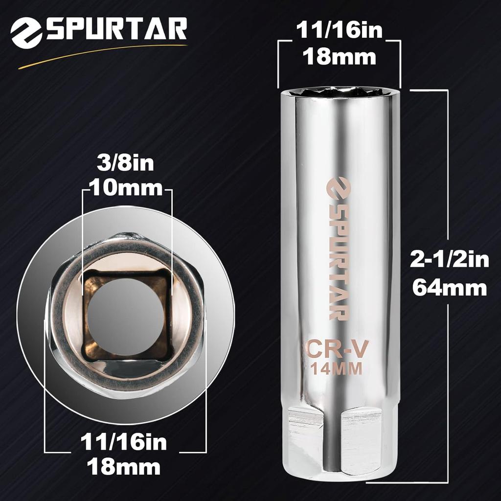 Spurtar 14mm Spark Plug Socket 3/8-inch Drive Thin Wall Magnetic Spark Plug Socket - 12-Point Design Compatible with BMW, Mercedes, Nissan, Mini