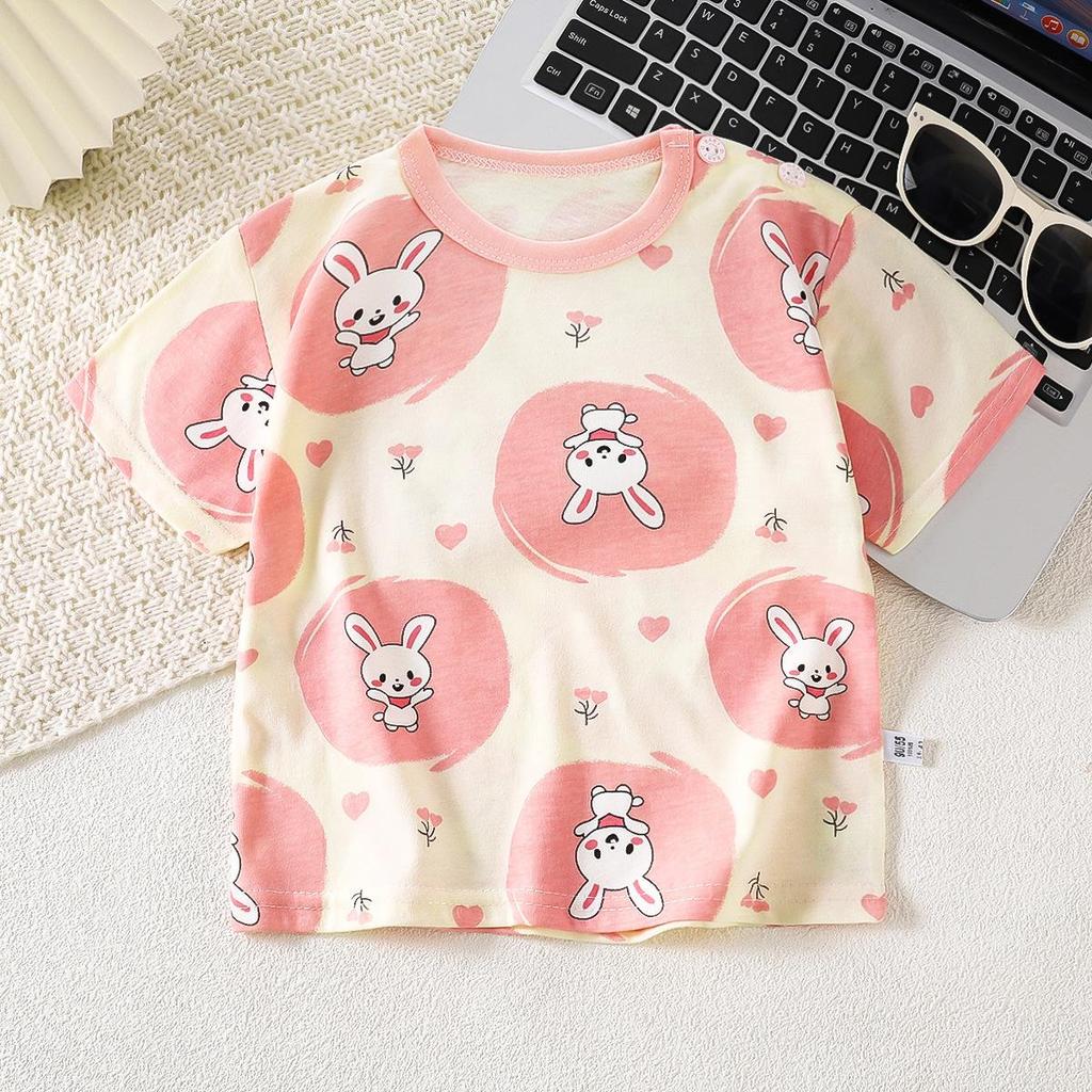 Letní trička s krátkým rukávem 2026 pro chlapce a dívky Miminko Jaro Kulatý výstřih Kreslený bavlněný top pro děti