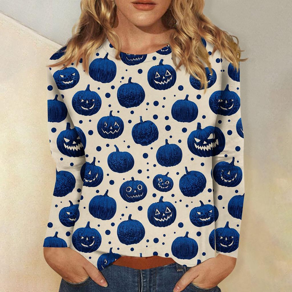 Women's long-sleeved loose-necked Halloween print casual top , suitable for holiday parties