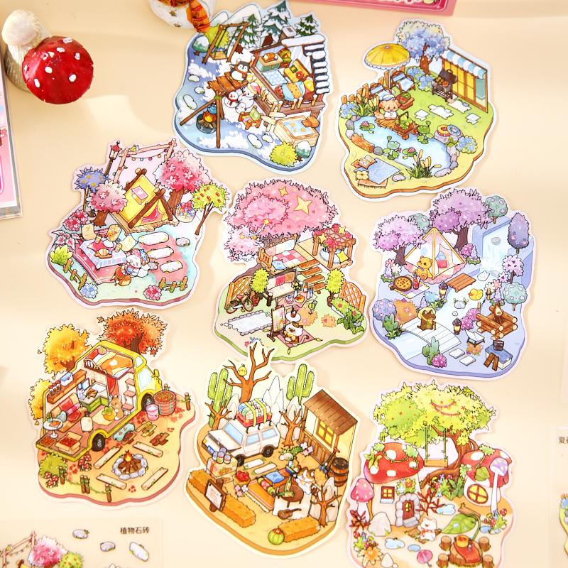8in1 Kawaii 3D Cartoon House Miniature Scene Stickers Book Fun DIY Stacked Scrapbook Stickers Children's Festival Gifts