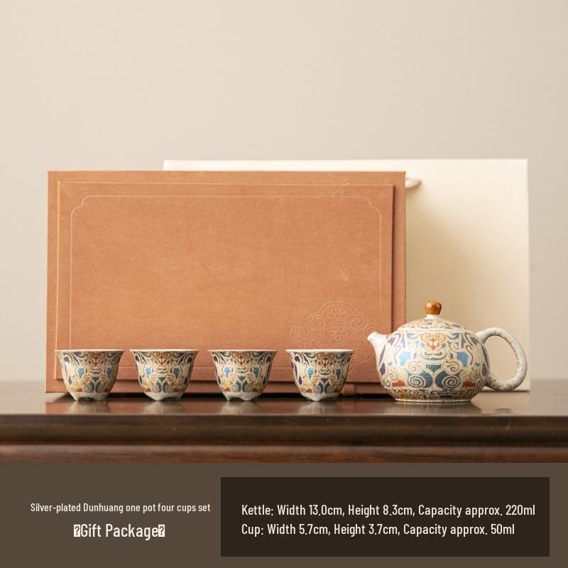 Silver-Plated Dunhuang Retro Gongfu Tea Set - Exquisite Ceramic Brewing & Drinking Utensils in Gift Box