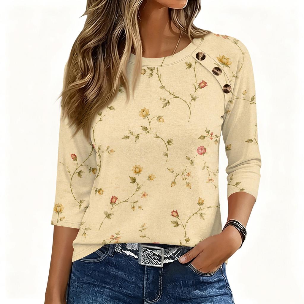 Women 34 Sleeve Crew Neck Button T Shirt Floral Print Casual Loose Fit Top for Daily and Office Wear